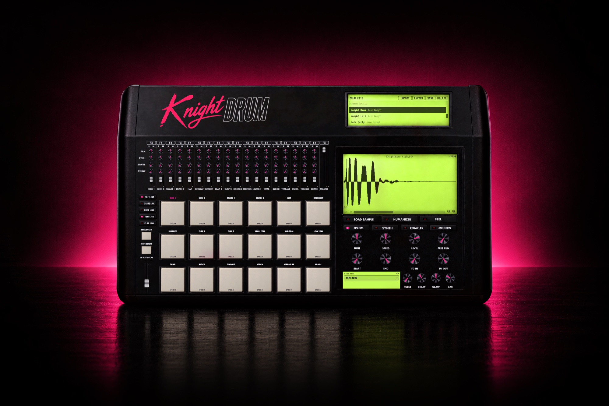 Knight Drum — four-engine drum machine plugin showing pads, mixer, kit list and EPROM waveform display